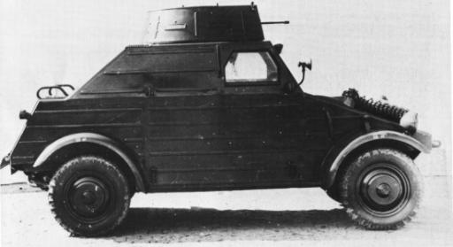 These were actual armoured versions of Kubelwagens, between 80 and 100 of these vehicles were produced, intended as replacements for the Kfz.13, and they were used mainly on the Eastern Front. They were fitted with bullet-proof glass and sand-filled tyres.